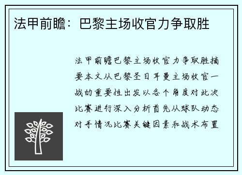 法甲前瞻：巴黎主场收官力争取胜
